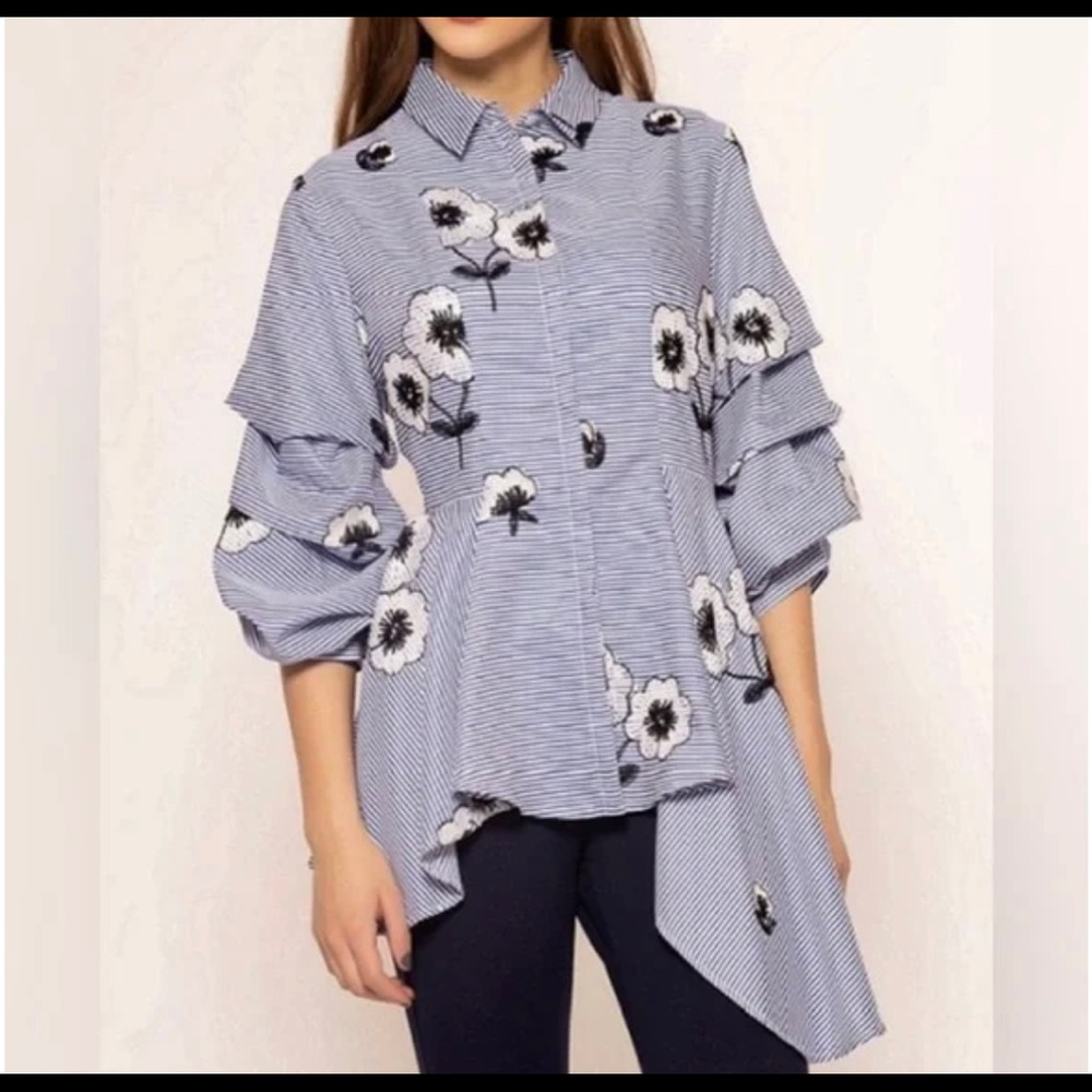 GRACIA Striped Blue and White Blouse